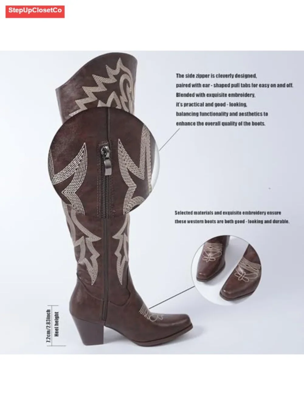 Embroidered Over-the-Knee Cowboy Boots Square Toe PU Leather Chunky Heel